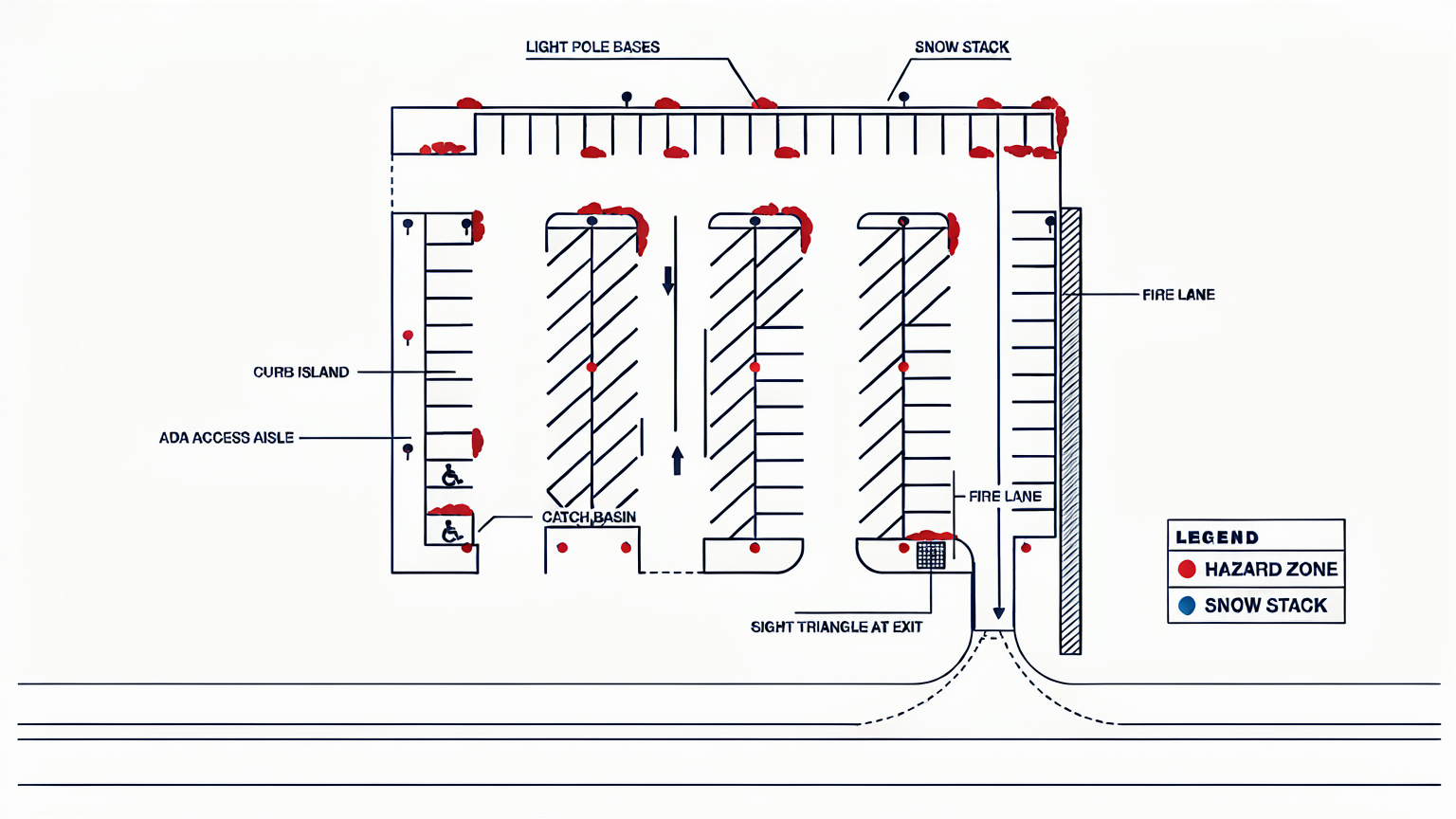 Diagram of a snow-covered commercial parking lot marking hazard zones: light pole bases, curb islands, ADA access aisle, catch basin, fire lane, sight triangle at the exit, and the snow stack placed away from all of them.
