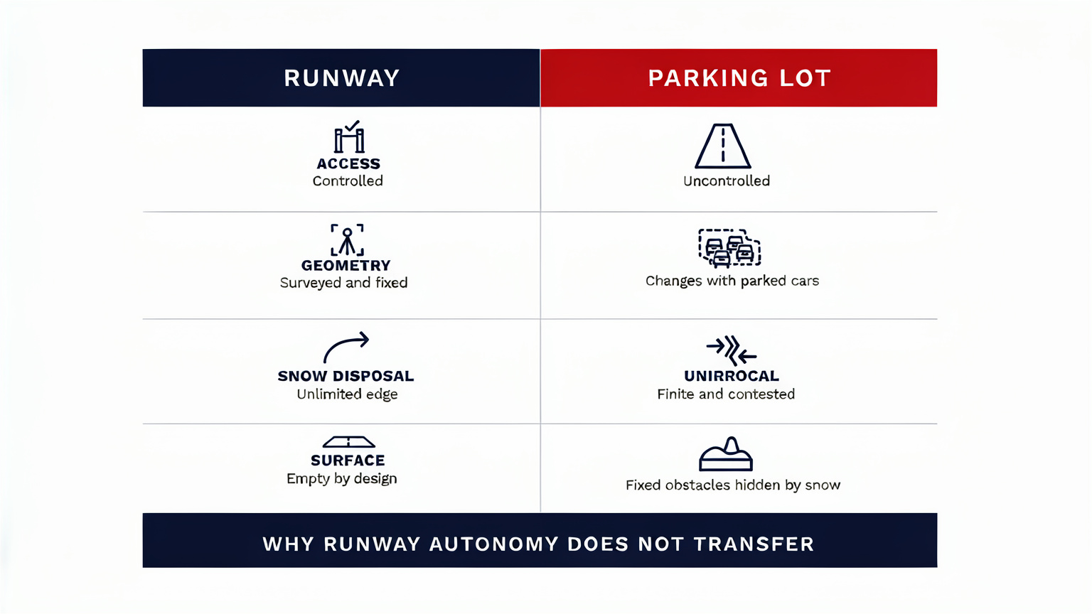 Infographic comparing a runway and a commercial parking lot across four factors: access control, fixed geometry, snow disposal space, and empty surface. Runway column shows all four controlled; parking lot column shows all four problematic.